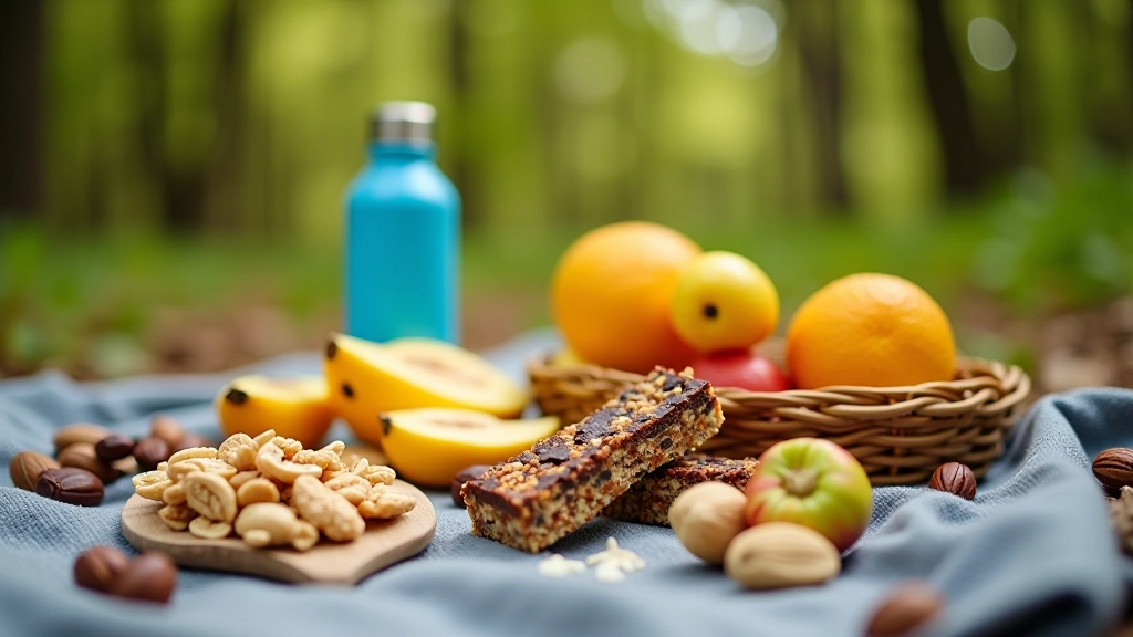 Snackų asortimentas — energijos batonėlis, riešutai, šviežias vaisius ir gėrimas