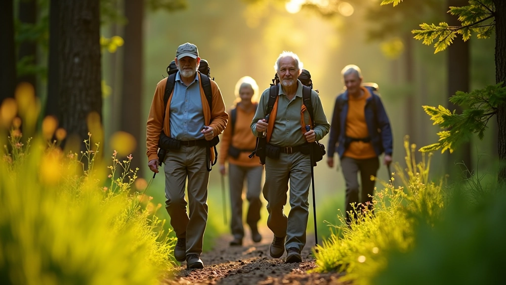 Seniorų grupė pasivaikščiojimui medžių lajų tako aplinkoje